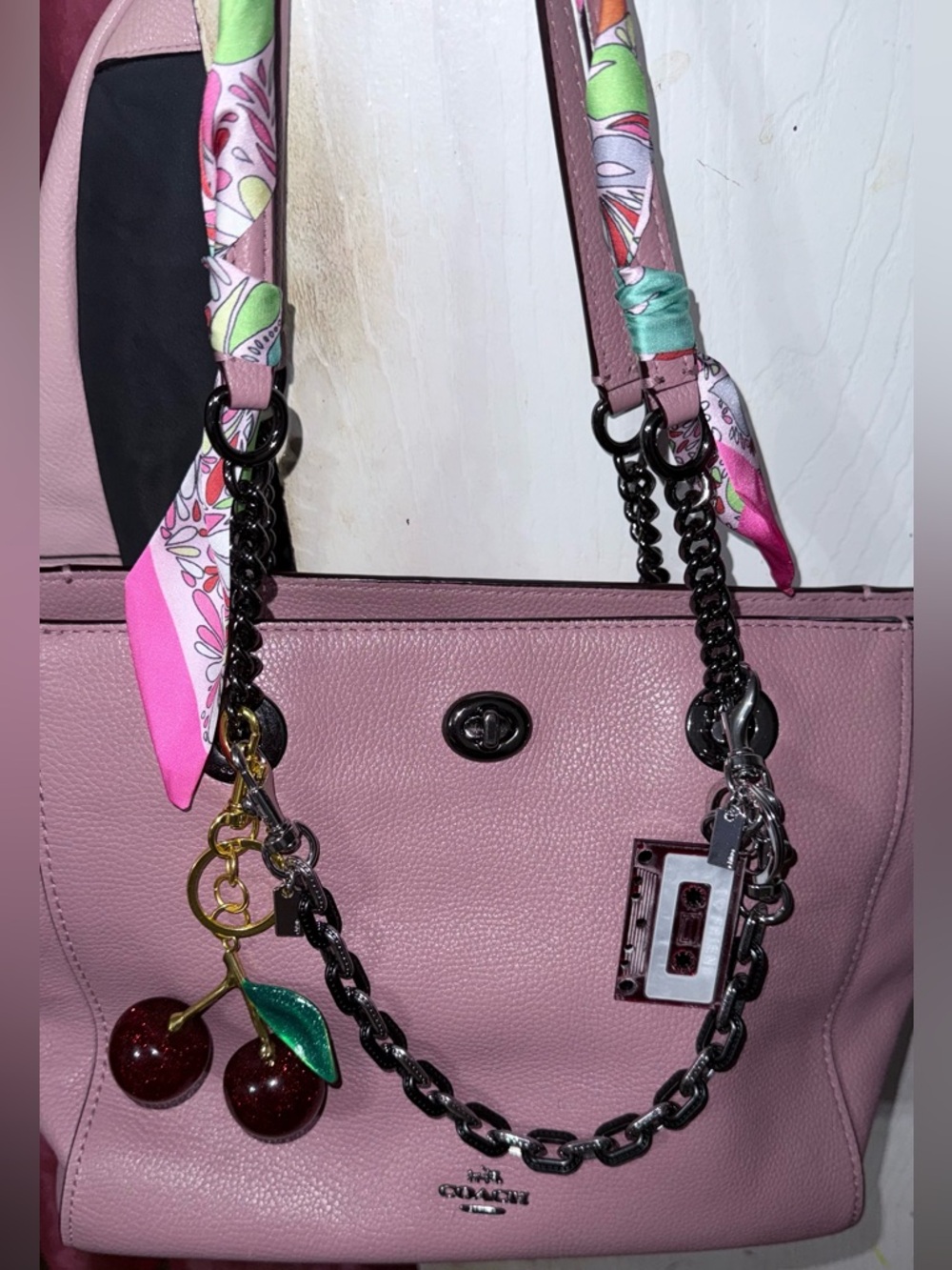 Coach Light Pink Pebbled Leather Tote with Cherry Charm